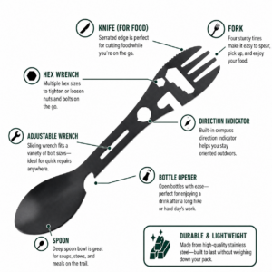 Tactical Lightweight Backpacking Utensil & Tool - Fork, Spoon, Knife, Can Opener, Bottle Opener, Wrench, Hex Wrench | Great for hiking, camping, picnics, beach, and outdoor travel. Emergency Stainless Steel Multi-tool Function for Survival and Eating.